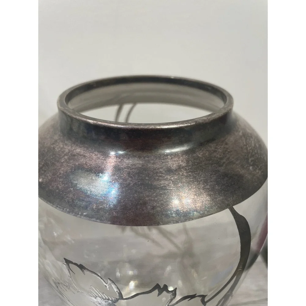 Vintage Silver‎ Overlay Glass Vase Floral Peony Art Nouveau Silver Deposit 11in